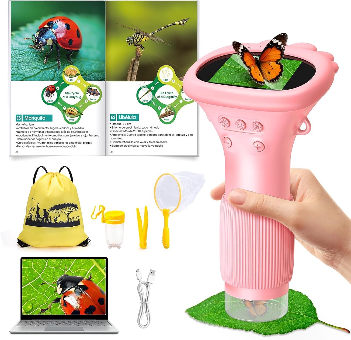 SnelShoppen - Handheld Microscoop voor Kinderen - Outdoor Ontdekkingsset - 2 Inch HD-Display - 1000x Vergroting - Speelgoed voor Jongens en Meisjes -