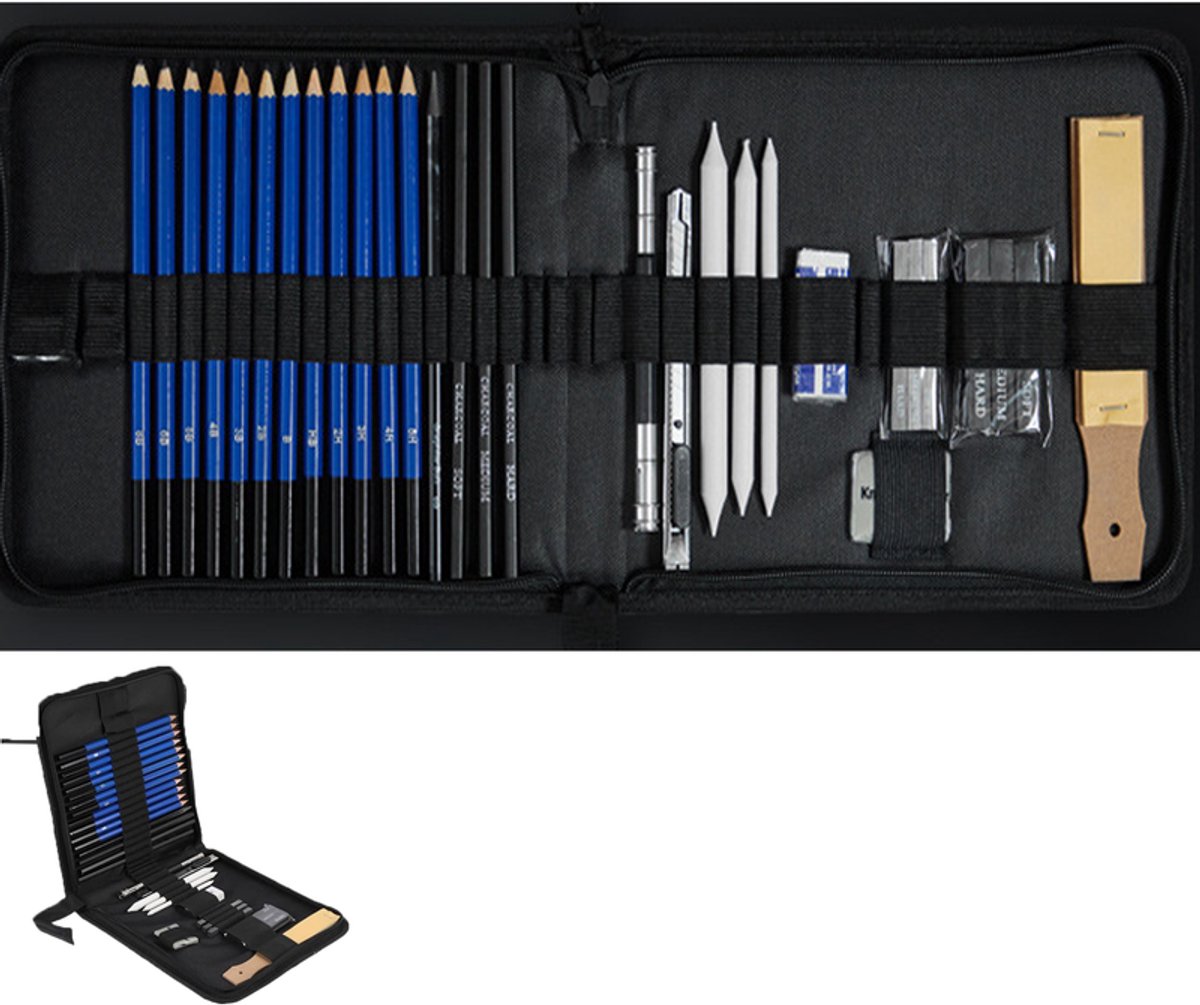 KZQ 32-delige professionele tekenset - Schetspotloden houtskool en gum in opbergtas - Perfect voor kunstenaars beginners en tieners - Draagbaar en compleet - Zwart