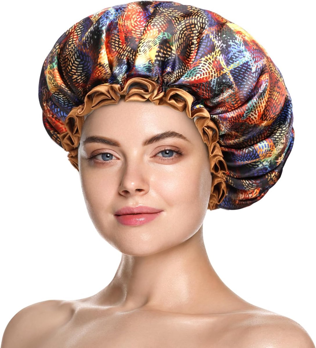 SnelShoppen - MikiMini Grote Douchcap voor Vrouwen - Waterdichte Douchekap met Bruine Kanten en Mysterieus Geometrisch Patroon - Herbruikbare Bad Douc