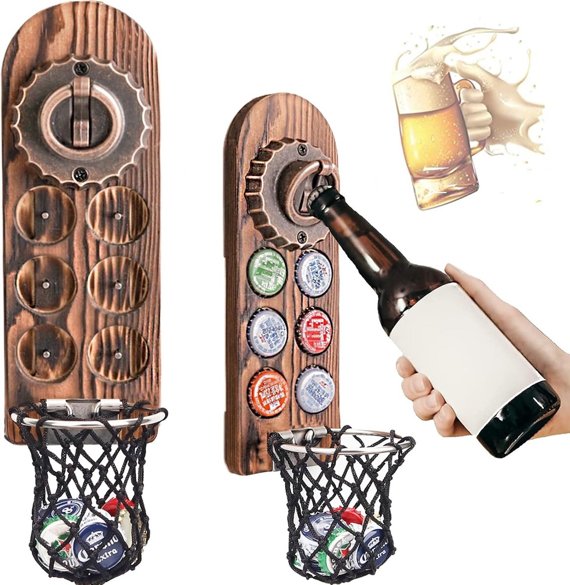 SnelShoppen - Wand Bieropener met Flessendop Verzamelaar, Magnetische Wand Flessenopener, Bar Accessoires voor Thuis, Houten Basis en Duurzaam Metaal,