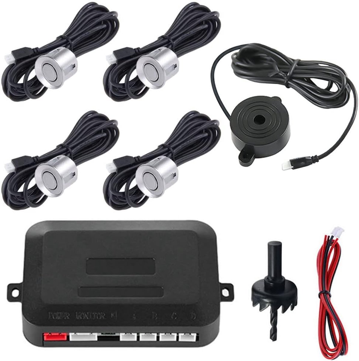 SnelShoppen - Car Reverse Parking Sensors 4 Sensor Parking Distance Sound Warning Systeem - Reverse Audio Buzzer Alarm - Stootvast, Waterproof, Voor a