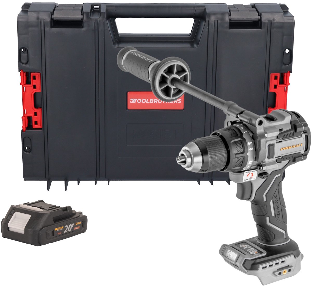 ProCraft Industrial CD20C-BB accu-slagboormachine 20 V 120 Nm borstelloos + 1x accu 2,0 Ah + RHINO-gereedschapskoffer - zonder oplader