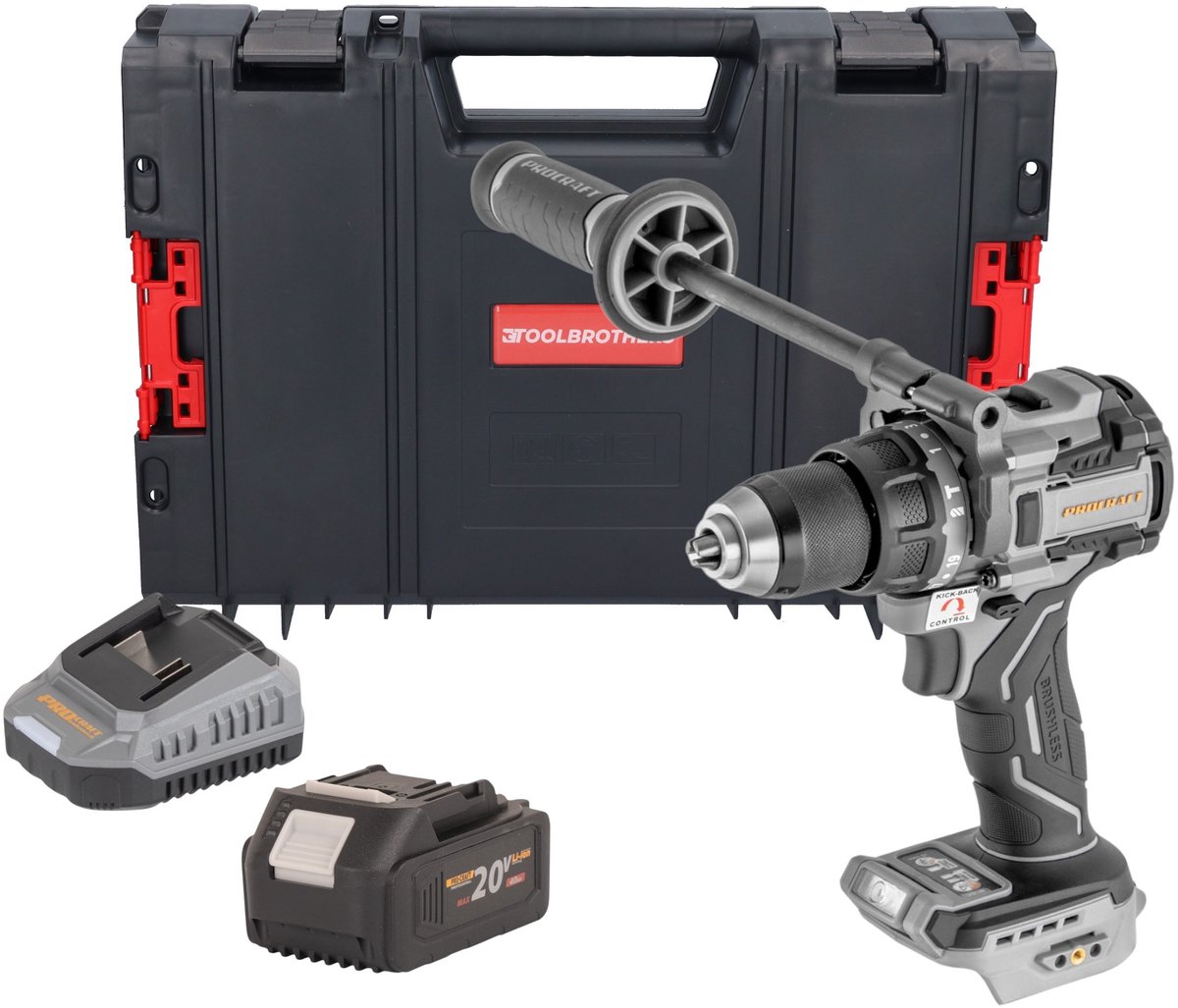 ProCraft Industrial CD20C-BB accu-slagboormachine 20 V 120 Nm borstelloos + 1x accu 4,0 Ah + oplader + RHINO-gereedschapskoffer