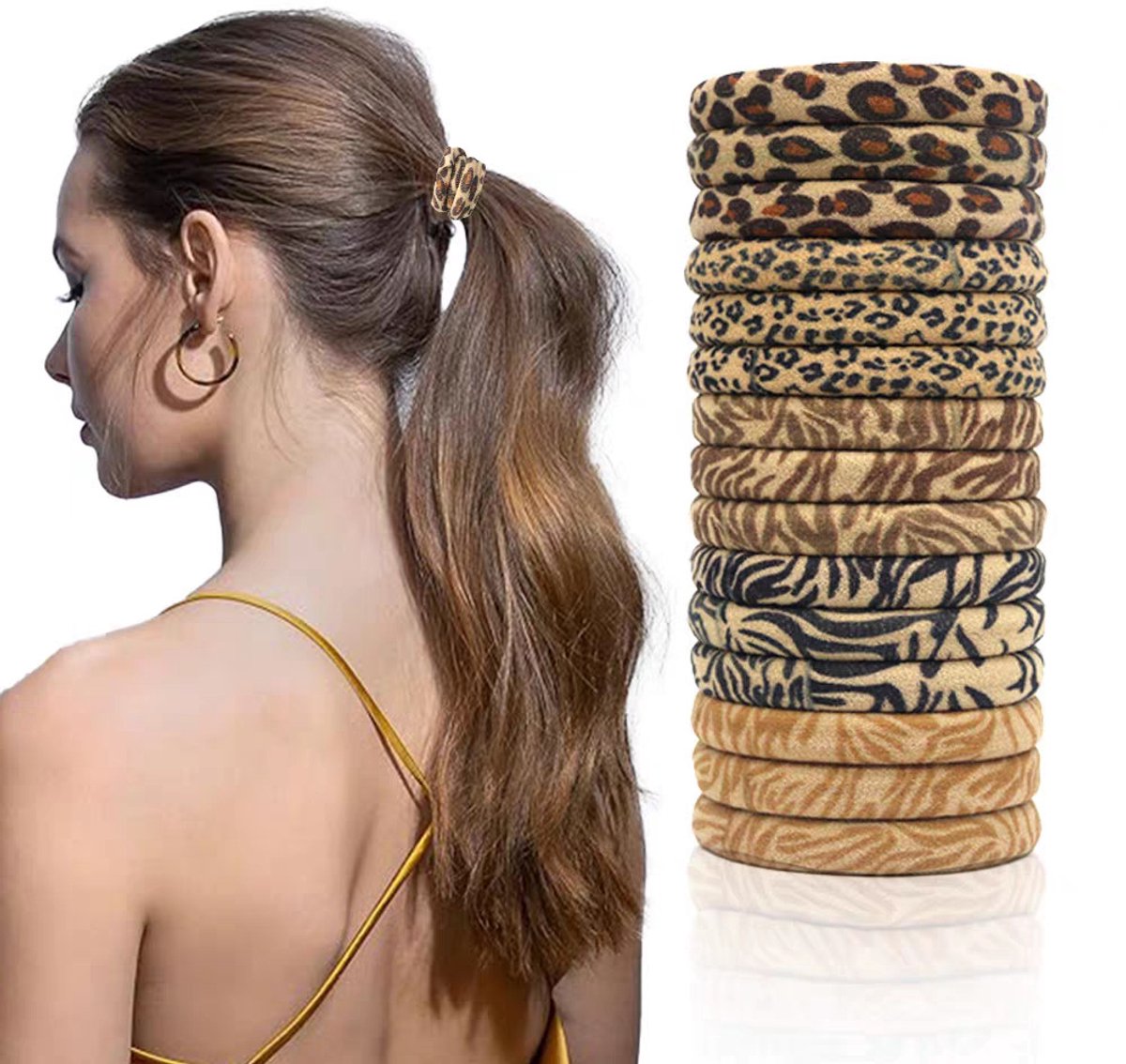 Geweven Stof Haarelastiekjes - Set Van 15 - Breed Naadloos - Hoog Elastisch Zacht - Dierenprints (Luipaard/Tijger/Zebra) - Voor Dik Haar/Paardenstaart/Knot - Voor Volwassenen/Dik Haar - Aardetinten - Breed Model - 15 Stuks