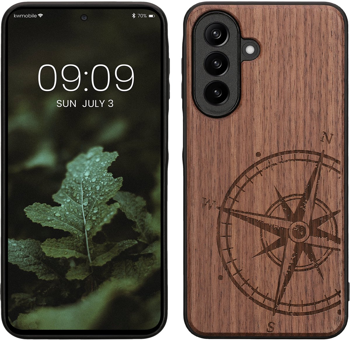kwmobile telefoonhoesje geschikt voorSamsung Galaxy A27 5G - Hoesje met bumper - hout - In donkerbruin Vintage Kompas design
