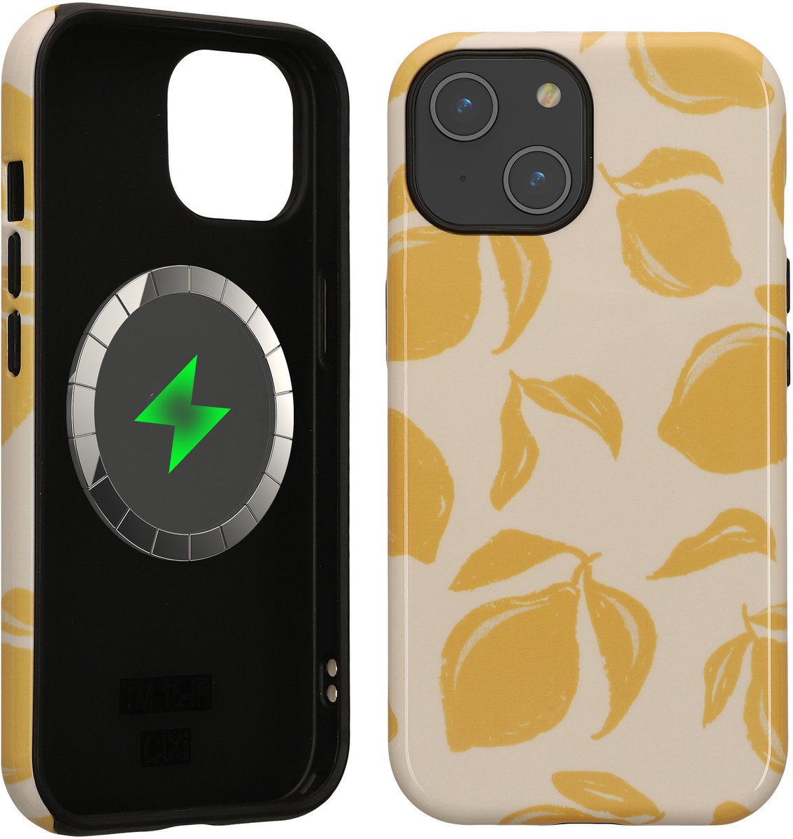 kwmobile telefoonhoesje met dubbele bescherming voor Apple iPhone 15 — draadloze oplaadfunctie — Zonnige Citrusvruchten design