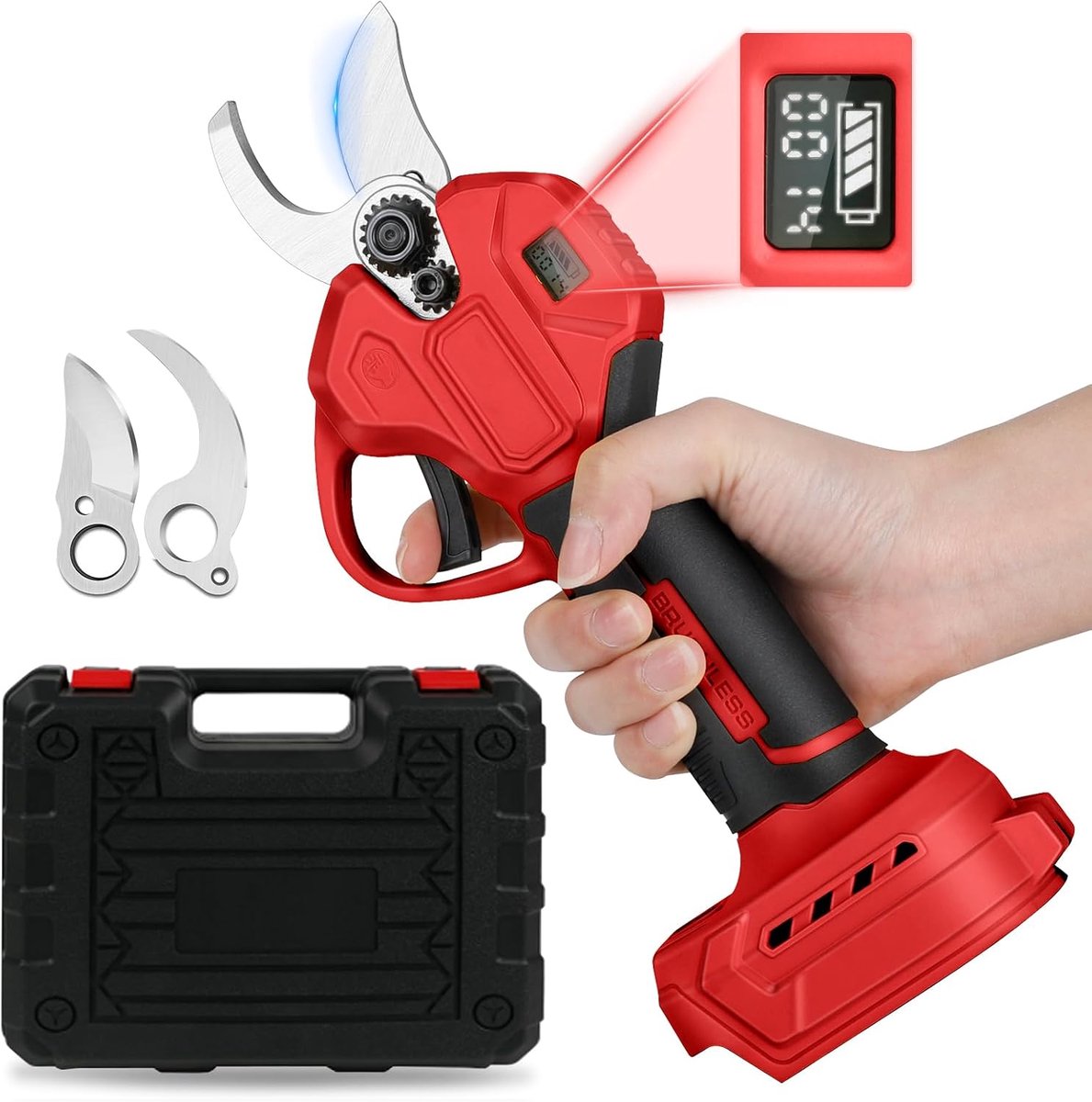 SnelShoppen - Accu Snoeischaar Elektrisch 45 mm voor Tuin, 18V (zonder Batterij), Borstelloze Motor, Tuinscharen voor Takken, LCD Scherm, Tuinonderhou