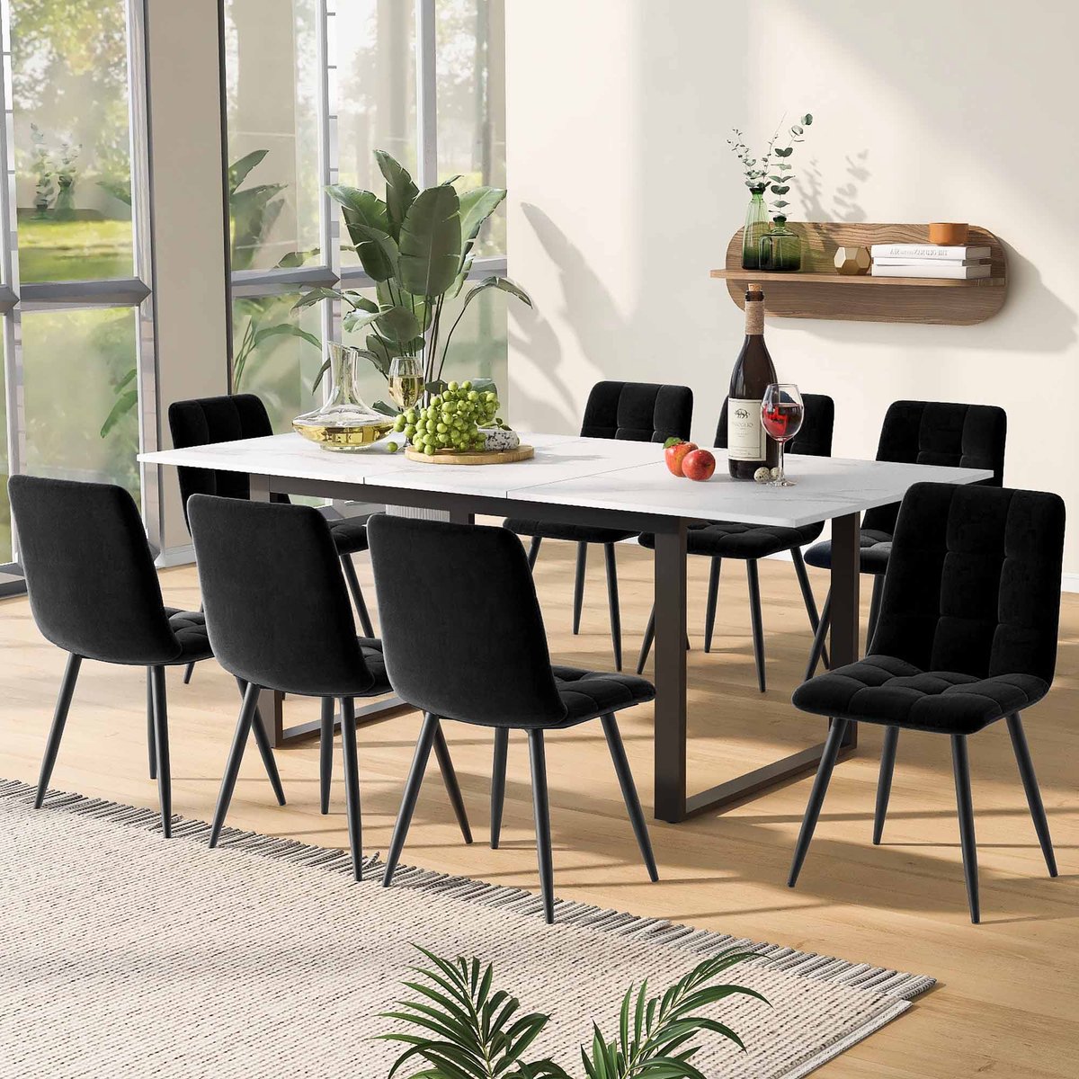 Eetkamertafelset met 8 Stoelen – Uitschuifbare Eettafel 140/180×80×75cm – Wit MDF Tafelblad – Zwarte Fluwelen Stoelen met Rugleuning – Modern Design