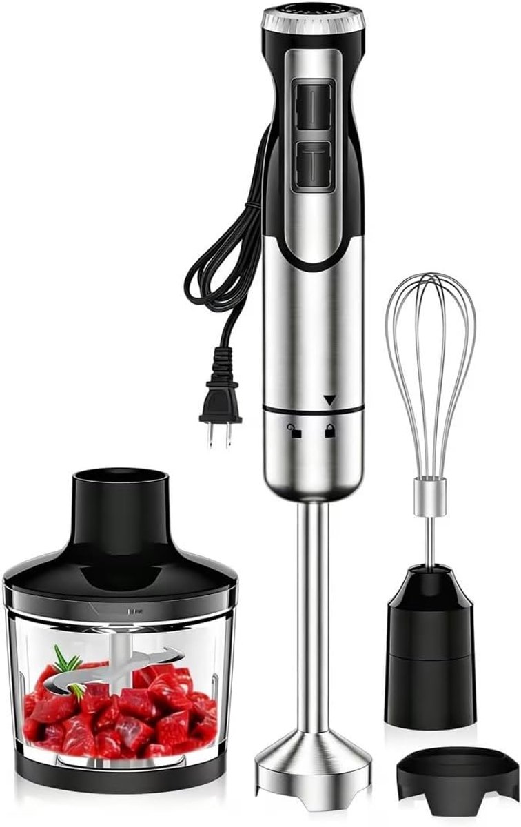 SnelShoppen - 1800 W 4-in-1 Staafmixer voor Soepen, Babyvoeding, Smoothies | Inclusief Garde, Hakmolen, Mixbeker met Turbofunctie en 8 Snelheden voor