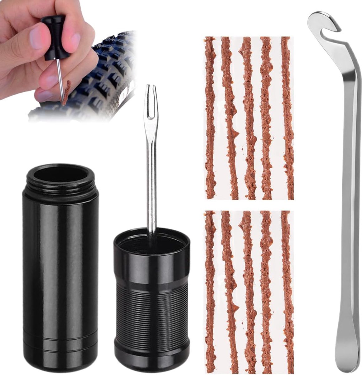 SnelShoppen - Fietsbandenreparatieset 12-delig, Snelle Reparatie Pluggen voor Fiets en Motorfiets, Vorktype, Inclusief Invoergereedschap en Reamer