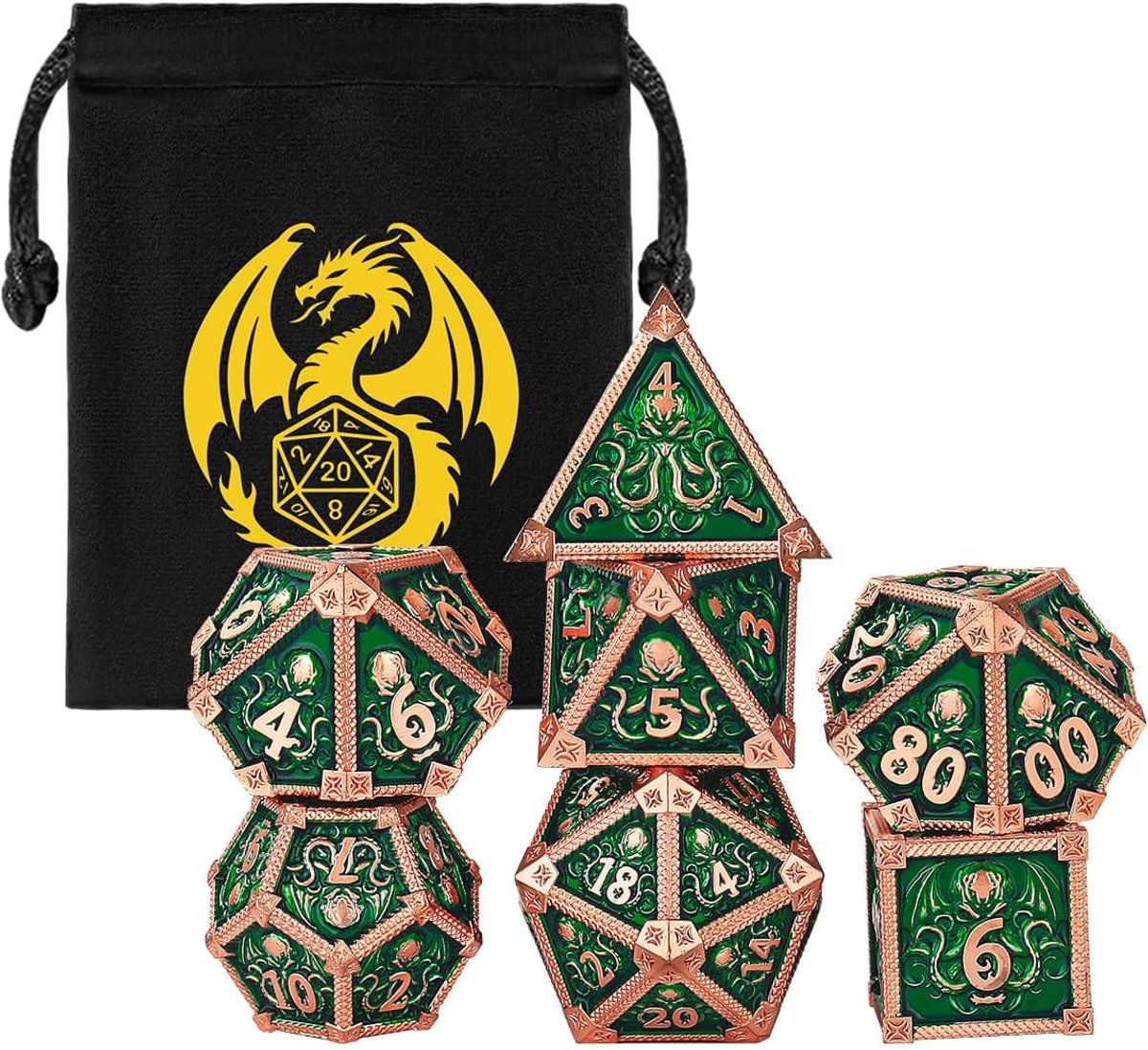 SnelShoppen - DND Metalen Dobbelstenen Set Octopus Motief - 7-delige Polyedrische D&D Dobbelstenen met Velours Zak - Groen - Perfect voor Rollenspelle