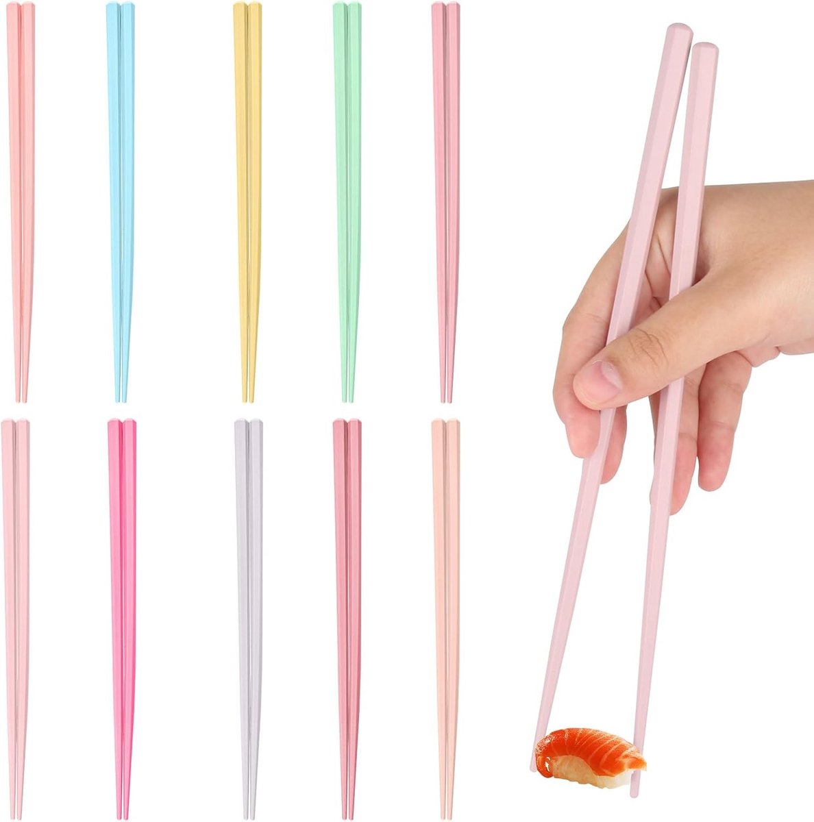 SnelShoppen - 10 Paar Kleurrijke Herbruikbare Eetstokjes - Antislip Glasvezelstaafjes, Vaatwasmachinebestendig - 23 cm Zeshoekige Chinese Stokjes voor