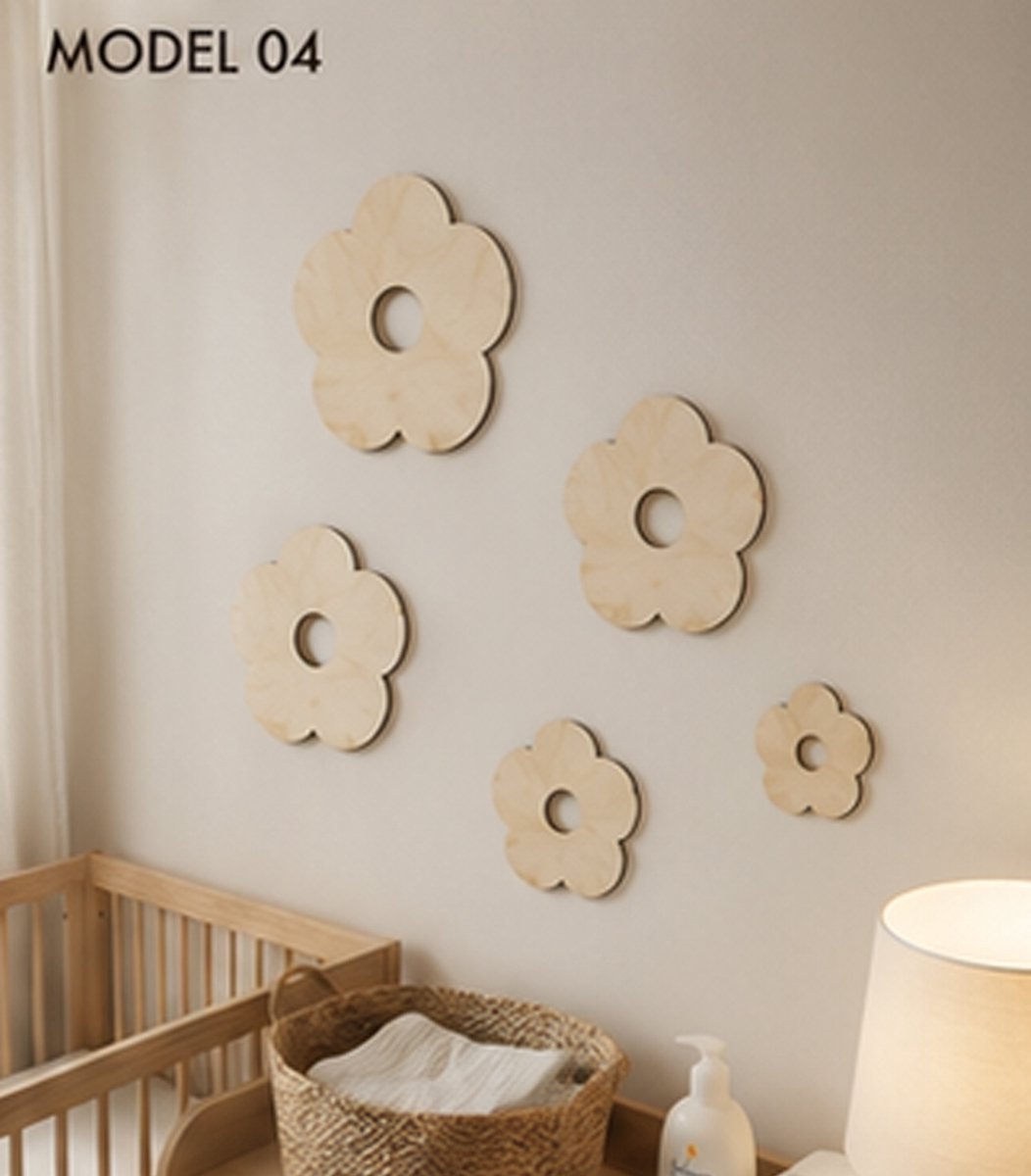 Houten Bloemen Wanddecoratie Babykamer – Set van 5 Bloemen – Scandinavische Kinderkamer Decoratie – Natuurlijk Berkenhout