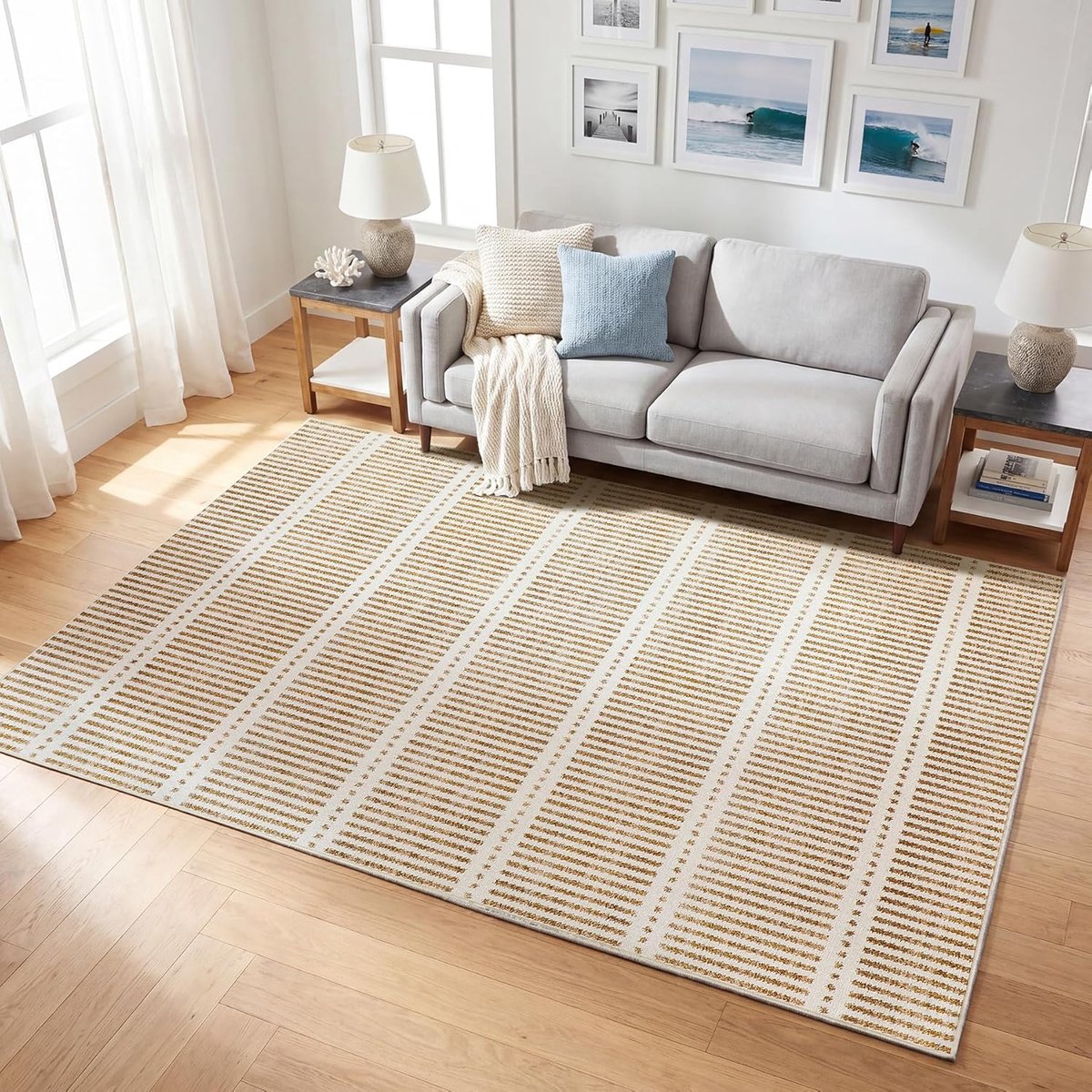 Tribesigns The Carpet - Laagpolig Wasbaar Fluffy en Zacht - Ultradun - Gestreept Ontwerp in Landhuisstijl - Antislip - Woonkamer Tapijt - Gemaakt van Chenille - 160 x 230 cm - Beige