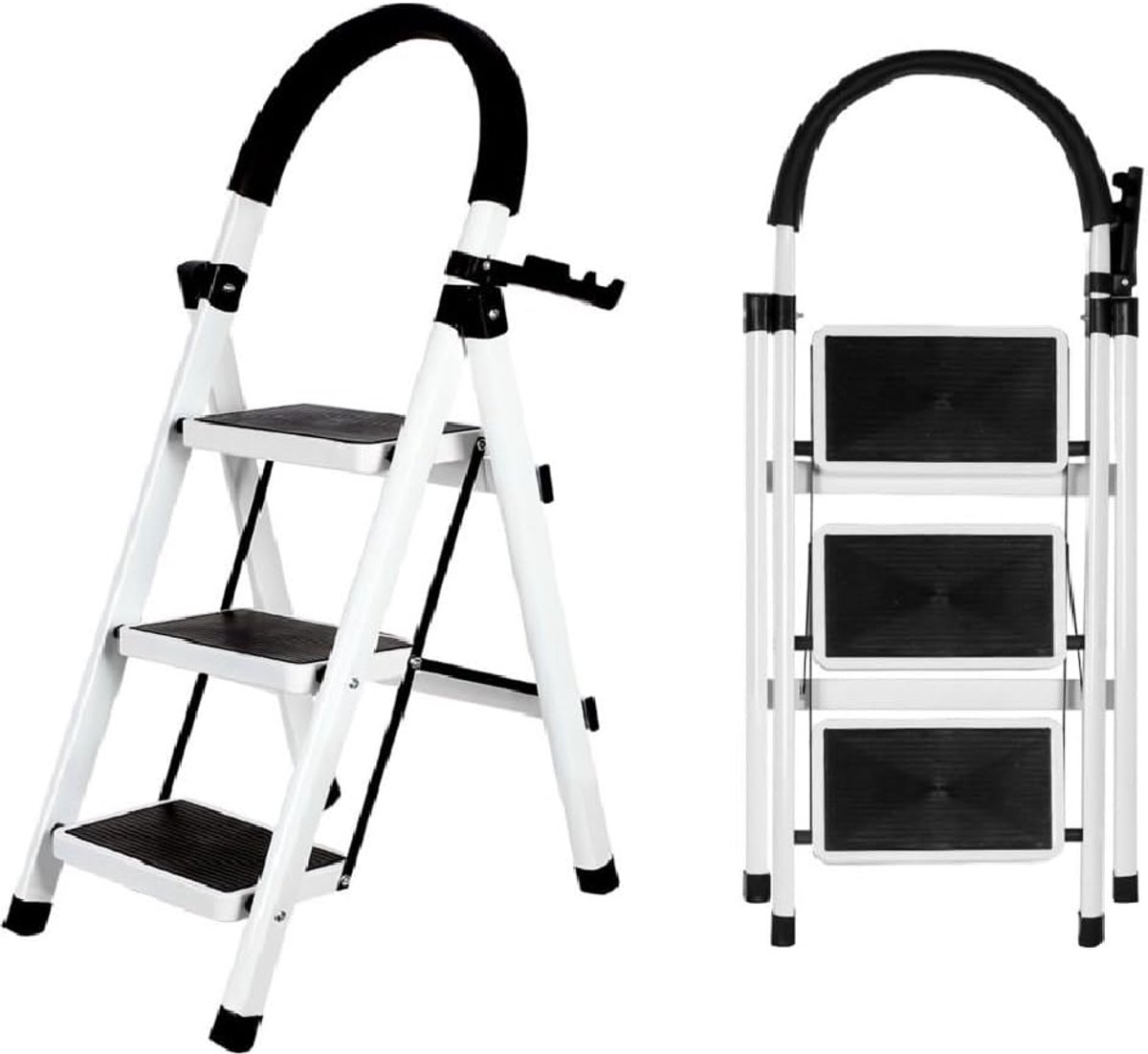 Opvouwbare ladder - Stalen trapladder - Huishoudelijke taken - Antislip pedalen - 3 treden - Wit