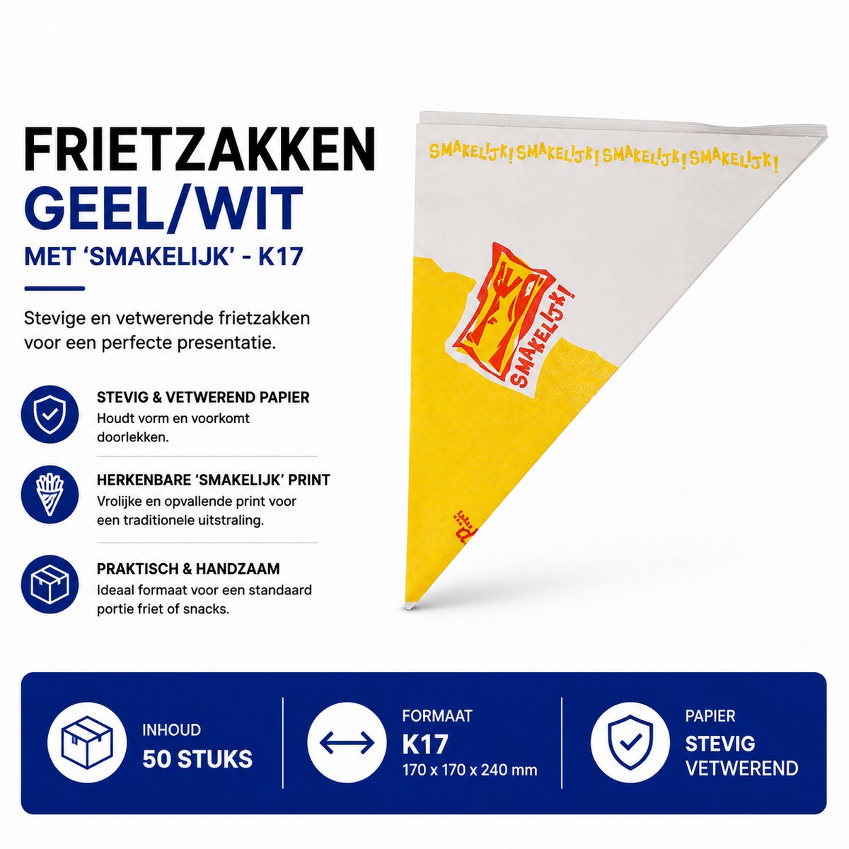 Propacker Frietzakken K17 - 50 Stuks - Geel/Wit 'Smakelijk' - Papieren Patatzakken - Vetwerend - Voor Snackbar, Horeca & Foodtruck