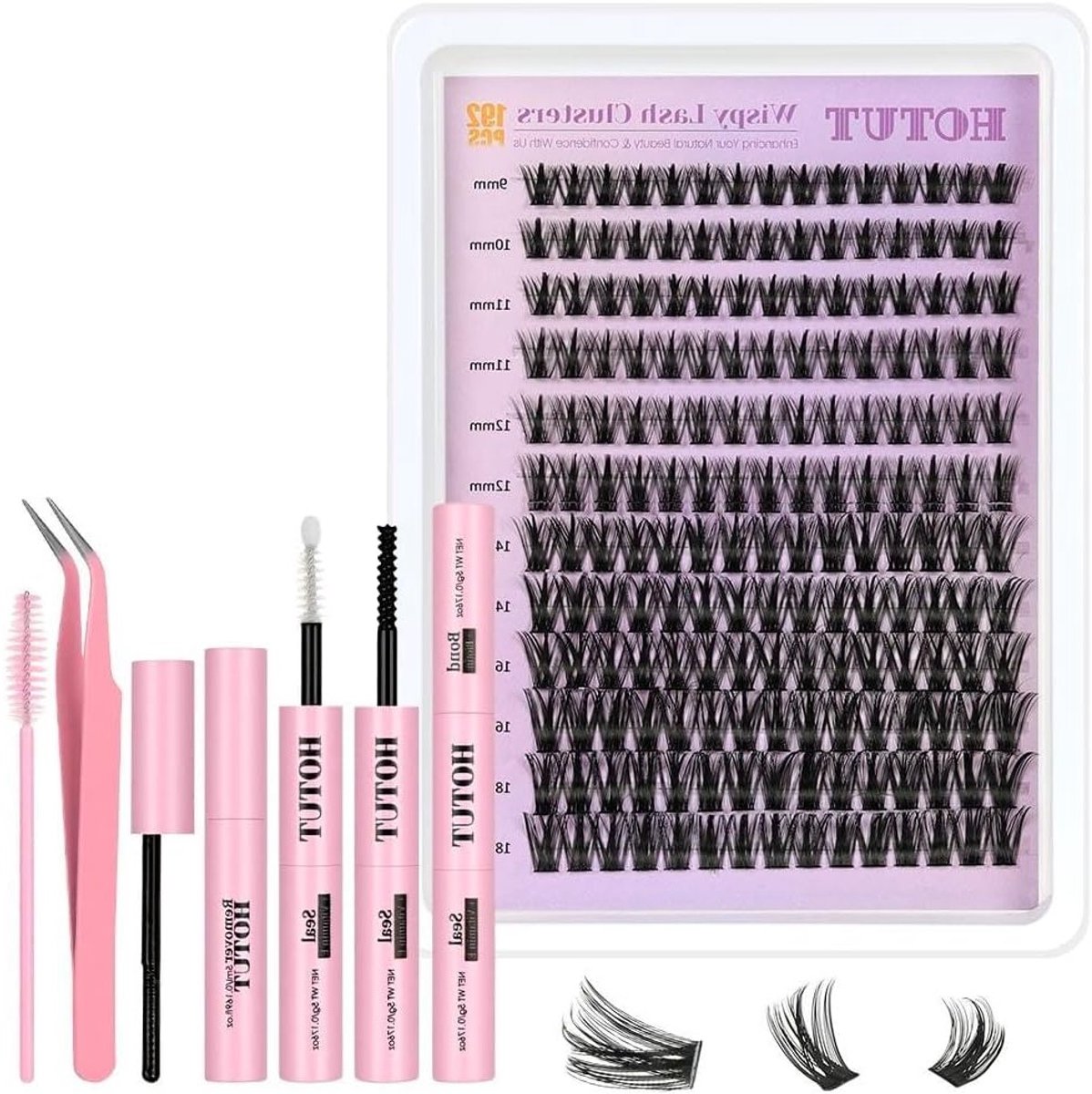 Volume Wimperset met 192 Stuks, Mix van 9-18 mm Cluster Wimpers, Inclusief Wimperlijm, Verwijderaar, Borstel en Pincet voor Professionele Wimperextensions en Nepwimpers