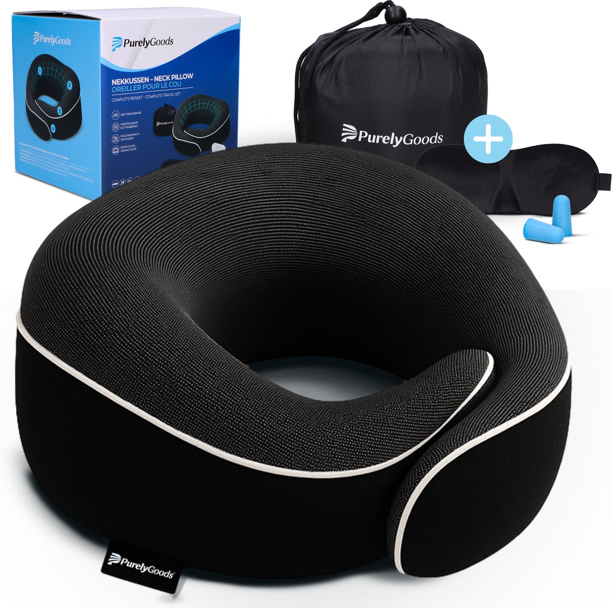 PurelyGoods® Nekkussen Set - Reiskussen - Vliegtuig & Auto - Memory Foam - Zwart