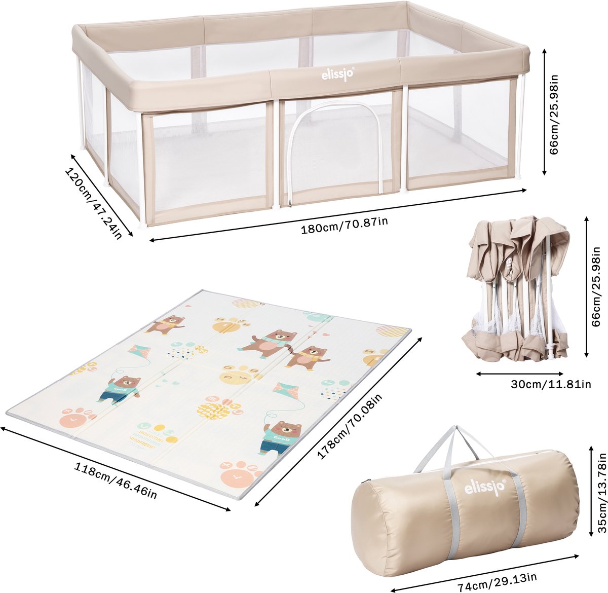 Elissio® - Grondbox Baby - Inklapbare Speelbox met Dubbelzijdige Speelmat & 50 Ballen - Kruipbox - Kinderbox - Playpen Baby - 180x120 CM - Beige – foto 3