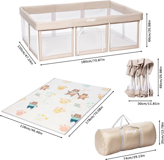 Afmetingen beige grondbox, speelmat en opbergtas. Grondbox 180x120x66cm, mat 178x118cm, tas 74x35cm.