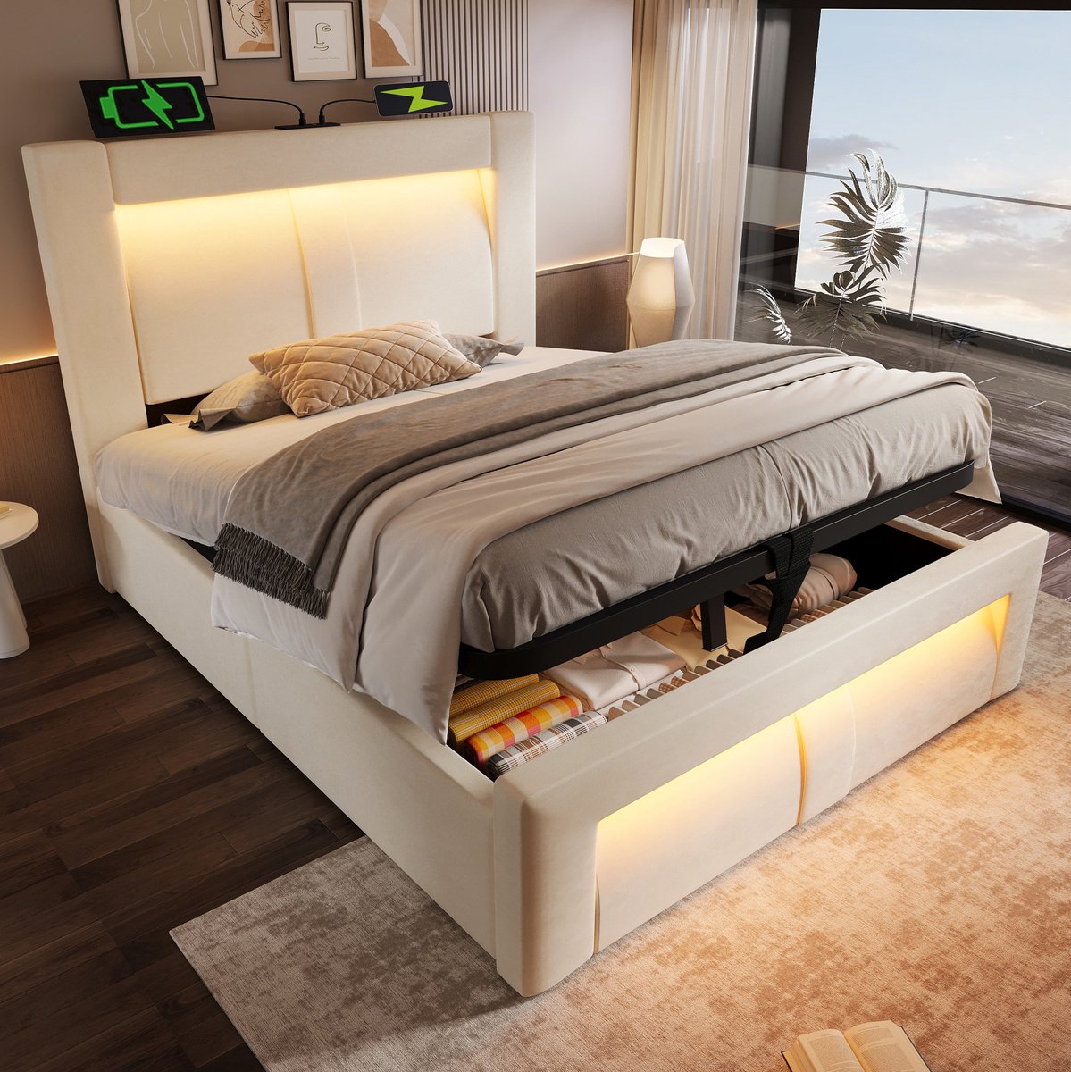 MEUNIQ eenpersoonsbed 90x200 cm met opbergruimte, hydraulisch bedframe met LED-verlichting, USB en Type-C, lattenbodem, gebogen hoofdbord, beige