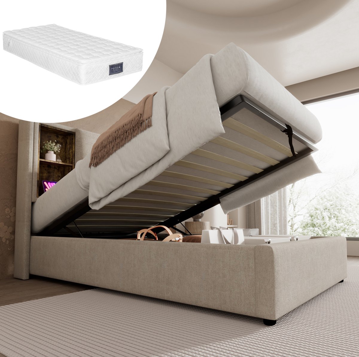 MEUNIQ eenpersoonsbed 90x200 cm met opbergruimte, draadloos opladen, 2 USB en USB-C, gestoffeerd bedframe met lattenbodem en open vakken voor slaapkamer, naturel Natural