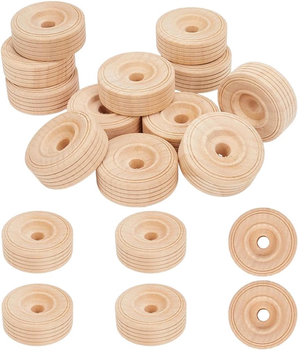 Houten Wielen Set - Mini Wielen Knutsel - Modelbouw Voertuigen - Gedetailleerd Profiel - 5 cm Diameter - Houtkleur