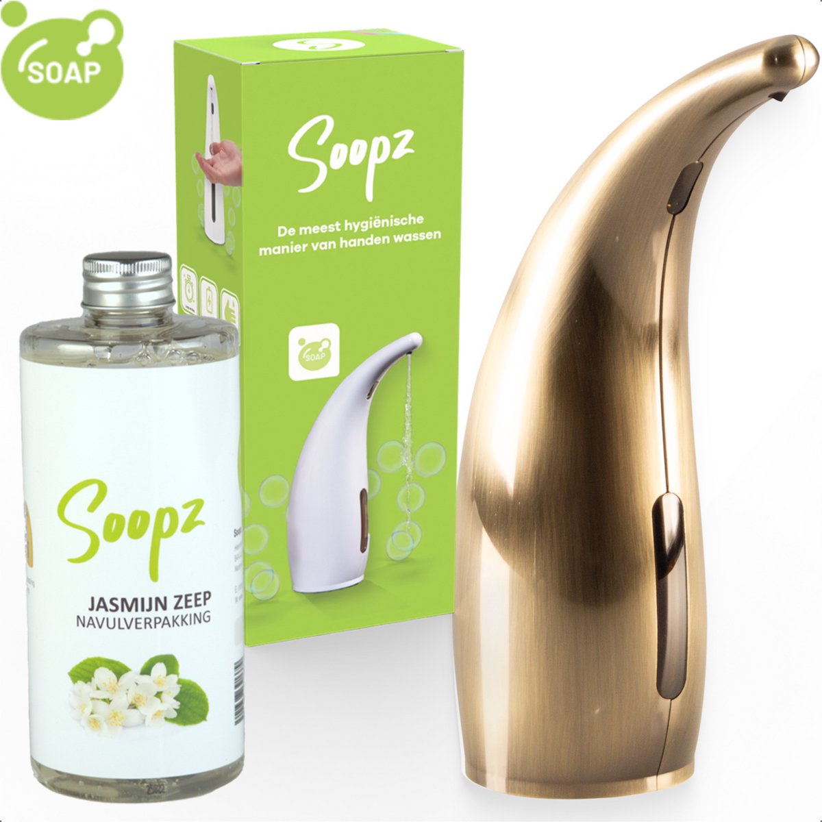 Soopz Automatische Zeepdispenser – Goud – Gold Brushed Classic – Zeeppompje met Bewegingssensor – Met Jasmijn Zeep