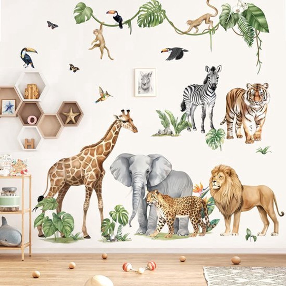 Decoratie muurstickers jungle dieren voor kinderkamer