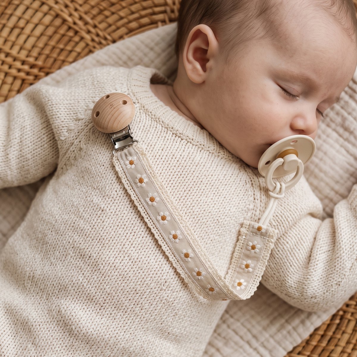 Fopspeenhouder Baby Grijs | Speenkoord Katoen met Madeliefjes | Houten Clip | Speenketting | Kraamcadeau Jongen en Meisje | Babyshower Cadeau | Luxe Speenkoord voor Pasgeboren Baby | Neutraal Babycadeau | Handig Speenkoordje voor Fopspeen | Cadeautip