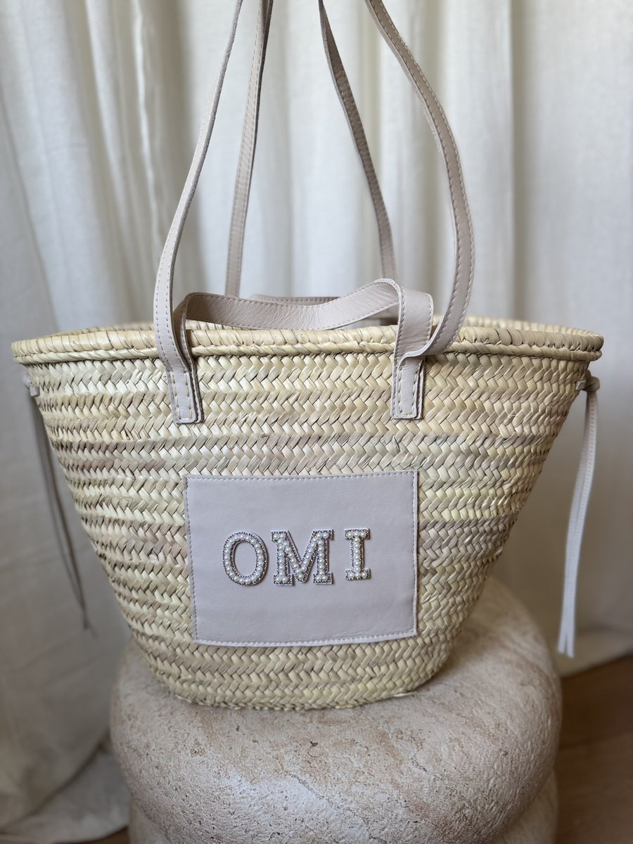 Strandtas - Personalisatie - Licht Beige - Leder - Riet - Palmblad - 100% Natuurlijke Materialen - Boodschappentassen - 55 (L) x 36 (H) - Strandtassen - Rieten strandtas - Lange en korte hengsel - Vakantietas - Zomertas
