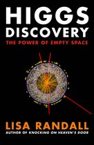 Boek "Higgs Discovery: The Power of Empty Space" van Lisa Randall met een zwarte achtergrond en een cirkelvormige, gele, paarse en grijze afbeelding van een deeltjesbotsing.