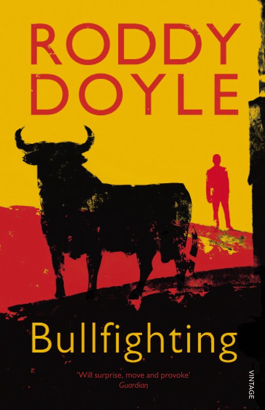 Boek met de titel Bullfighting. Zwarte stier op een gele en rode achtergrond, met een silhouet van een man.