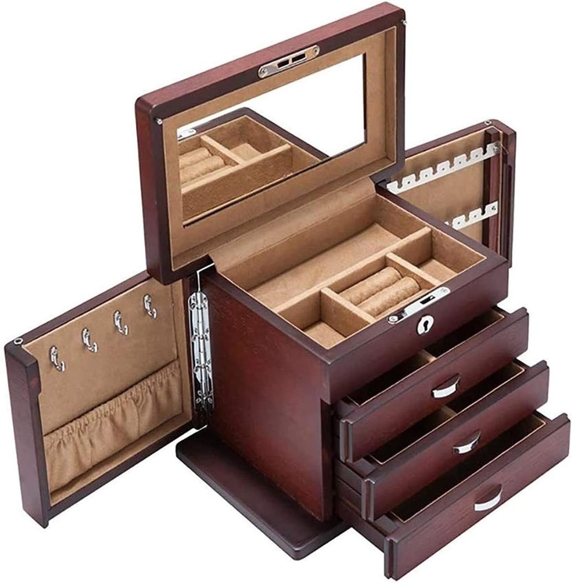 Juwelendoos Met Lade - Sieraden Opberger - Sieraden Georganiseerd Houden - Met Spiegel - 23x14x16.5cm - Houtkleur
