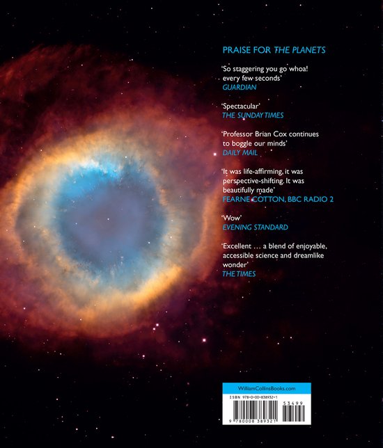 Le dos du livre 'The Universe' montre la Nébuleuse de l'Anneau sur fond sombre. Sur la droite figurent des éloges de critiques et les informations ISBN.