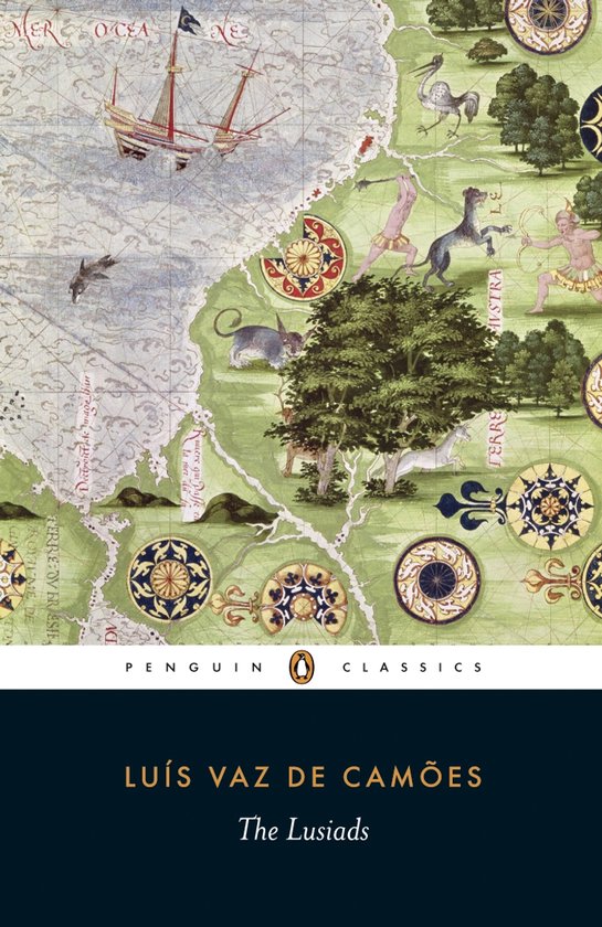 Couverture de livre avec carte du monde ancienne, navire, animaux et rosaces décoratives. "The Lusiads" par Luís Vaz de Camões.