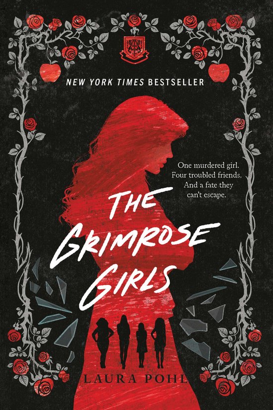 Boekomslag met rode silhouette van een meisje. Centraal de titel "THE GRIMROSE GIRLS".