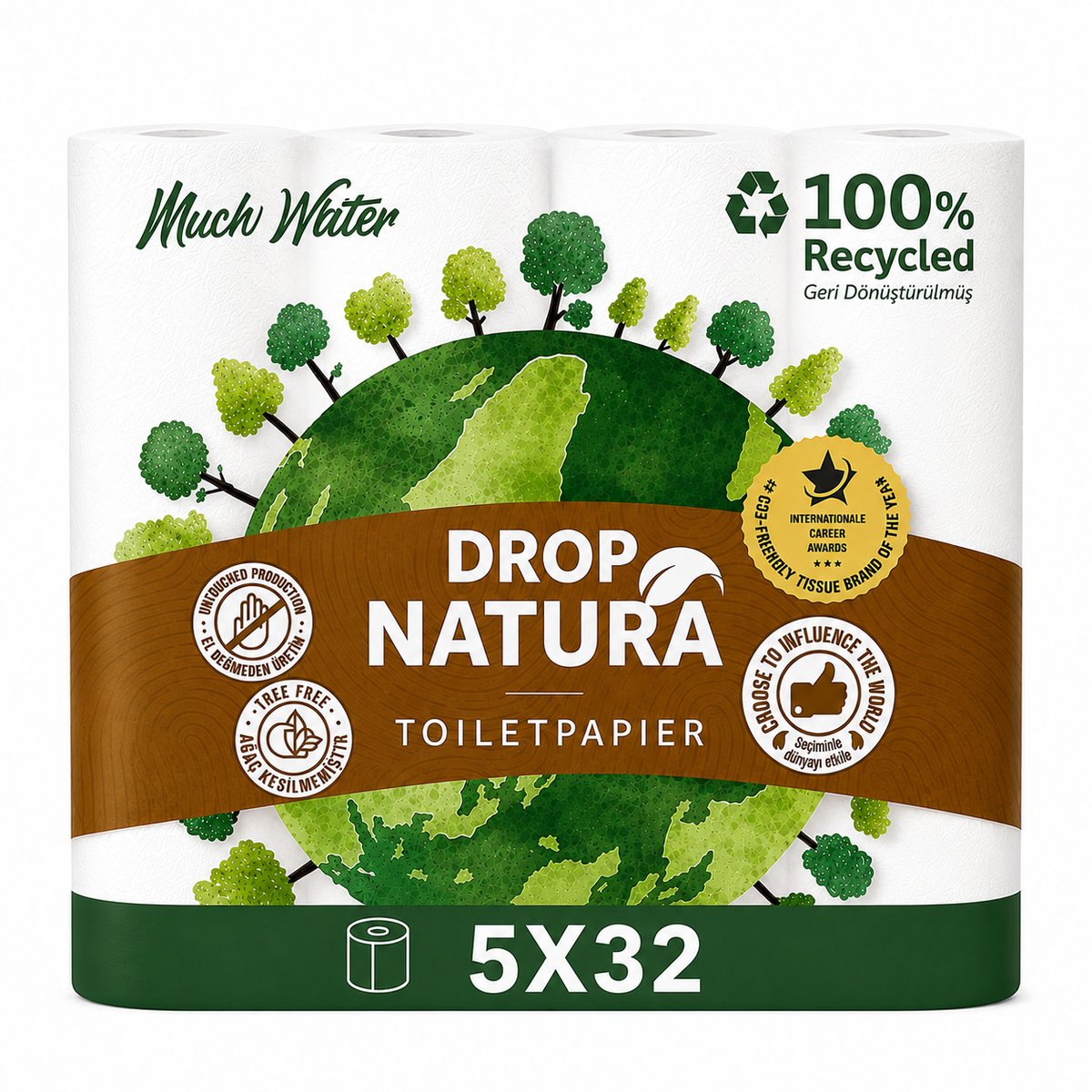 DROP Natura - 5x32 rollen toiletpapier - 160 Rollen - Ultiem comfort WC Papier, Superieure sterkte, Maximale absorptie & Pluisvrij - Voordeelverpakking WC Papier