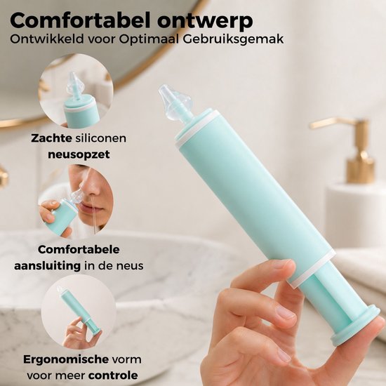 Vrouw met een lichtblauwe neusdouche die de zachte tip laat zien.