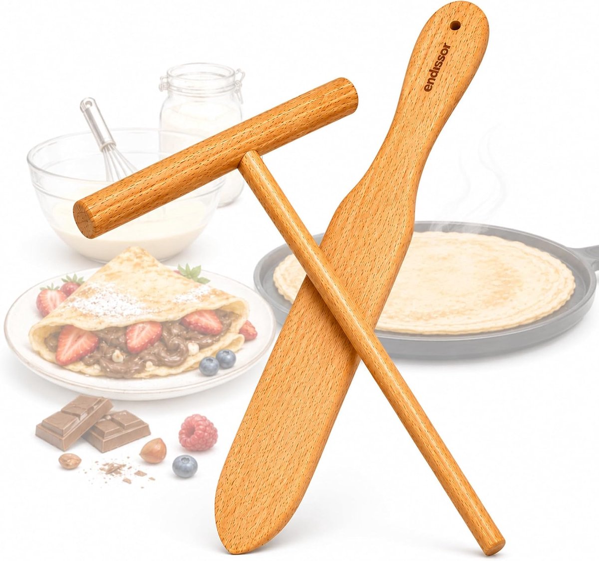 Crêpe Set - Pannenkoek Gereedschap - Crêpes Maken - Duits Beukenhout - 30 cm - Natuurlijk