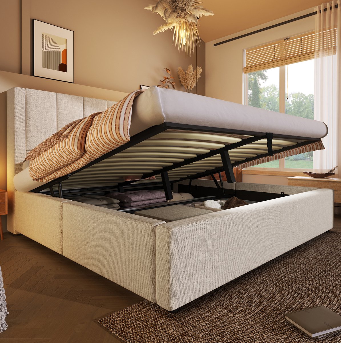 MEUNIQ gestoffeerd bed 180x200 cm met lattenbodem, hydraulische opbergruimte, verborgen bekerhouders en USB/Type-C laadstation, tweepersoons bed beige