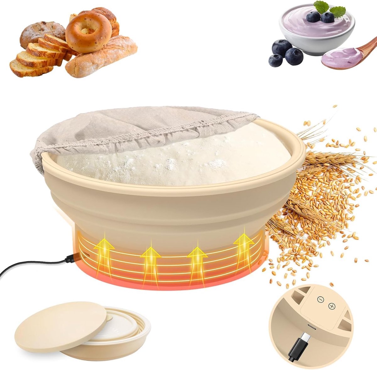 Zuurdesem Rijsmand - Brood Verwarmer - Deeg Fermenteren - Grafeen Verwarmd - 9 inch - Grijs