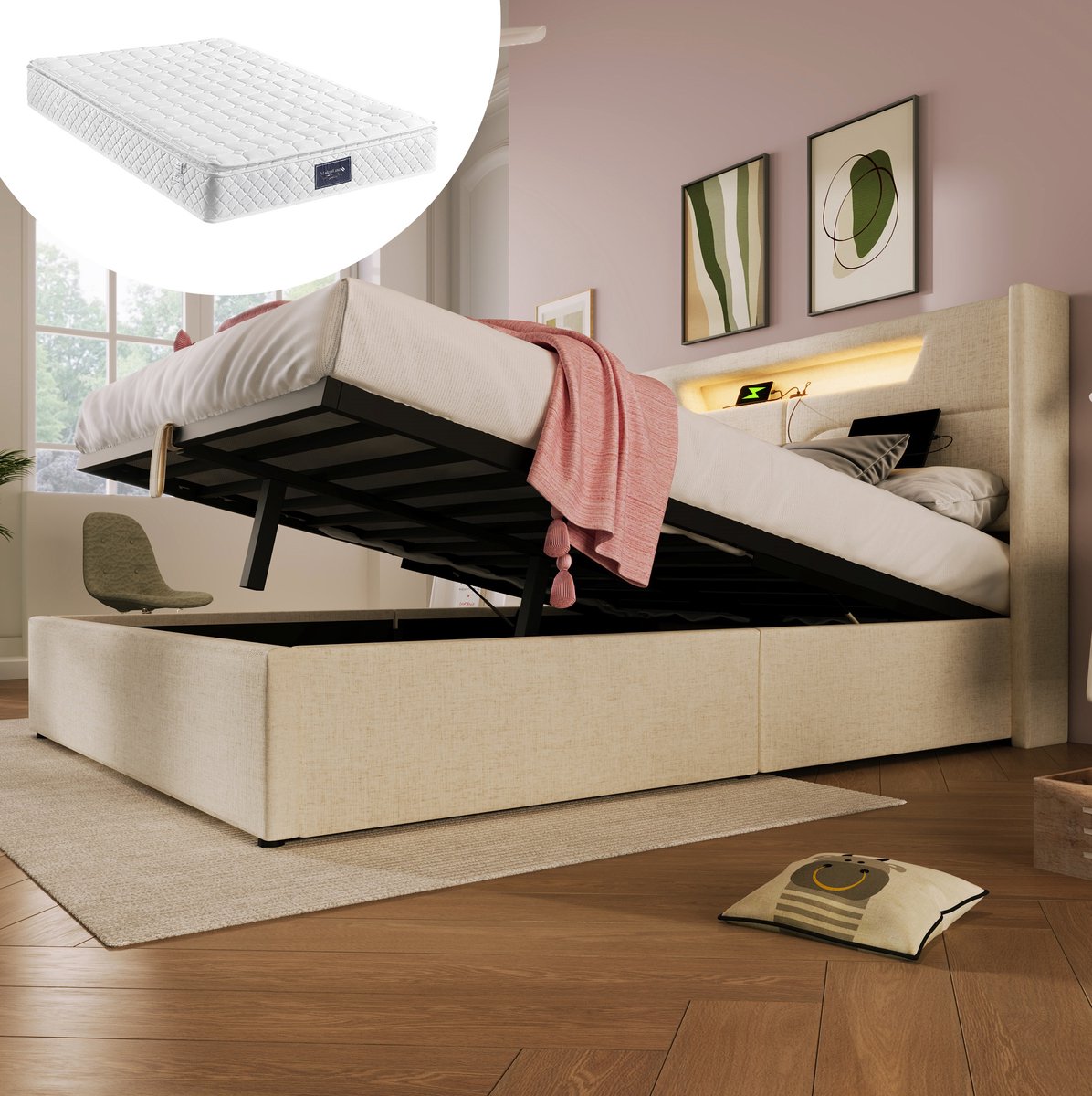 MEUNIQ tweepersoonsbed 140x200 cm met LED-verlichting, USB en Type-C, opbergruimte onder lattenbodem, gestoffeerd bedframe voor slaapkamer, beige