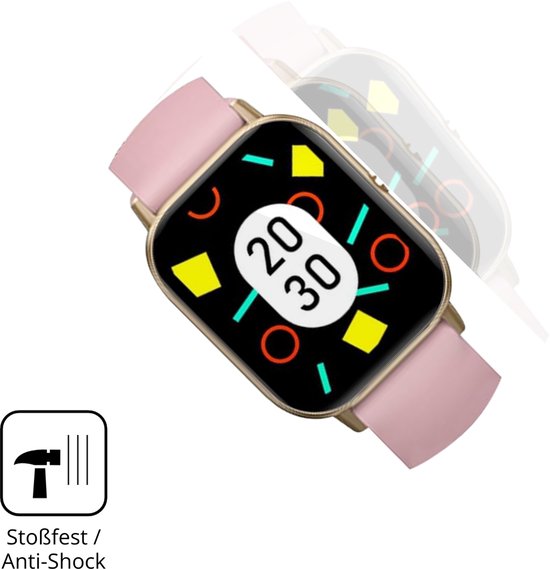 Gouden smartwatch met roze band, wijzerplaat met kleurrijke geometrische figuren en anti-shock icoon.