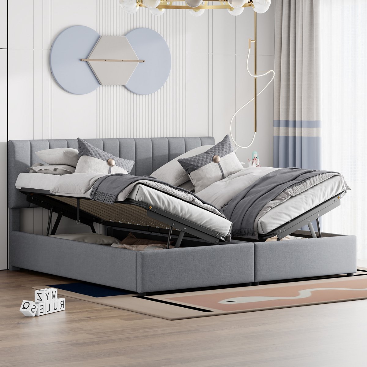 MEUNIQ gestoffeerd bed 180x200 cm met hydraulische opbergruimte, verstelbaar hoofdeinde, lattenbodem en 2-in-1 functie als 2 bedden van 90 cm, grijs