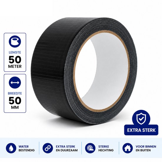 Rol zwarte duct tape, 50 mm breed en 50 meter lang. Waterbestendig, extra sterk, duurzaam en met sterke hechting.