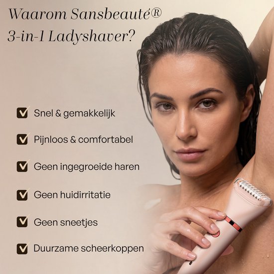 Vrouw met oksel en roze ladyshave, met vinkjes voor snelle, pijnloze en irritatievrije ontharing.