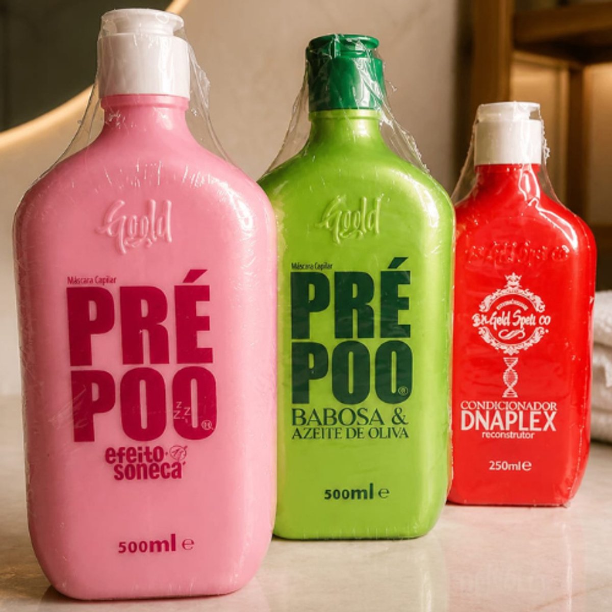 Kit Gold spell PRE POO (efeito soneca 500ml + Babosa & Azeite de Oliva 500 ml) + DNAPLEX Condicionador Reconstrutor 250 ml