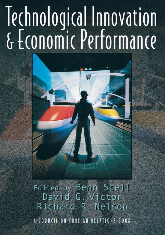 Boekomslag: "Technological Innovation & Economic Performance" met op de voorgrond een persoon die naar twee futuristische treinen kijkt.