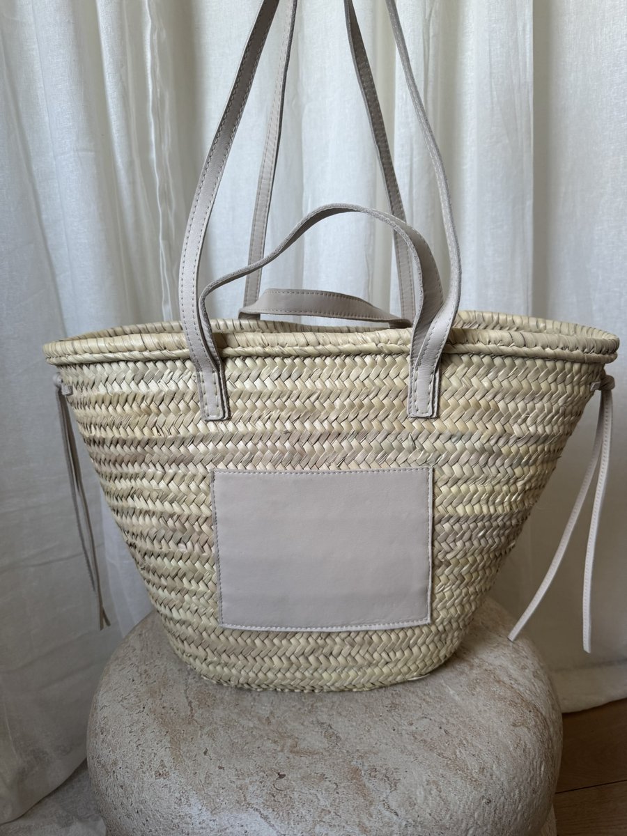 Strandtas - Licht Beige - Leder - Riet - Palmblad - 100% Natuurlijke Materialen - Boodschappentassen - 55 (L) x 36 (H) - Strandtassen - Rieten strandtas - Lange en korte hengsel - Vakantietas - Zomertas